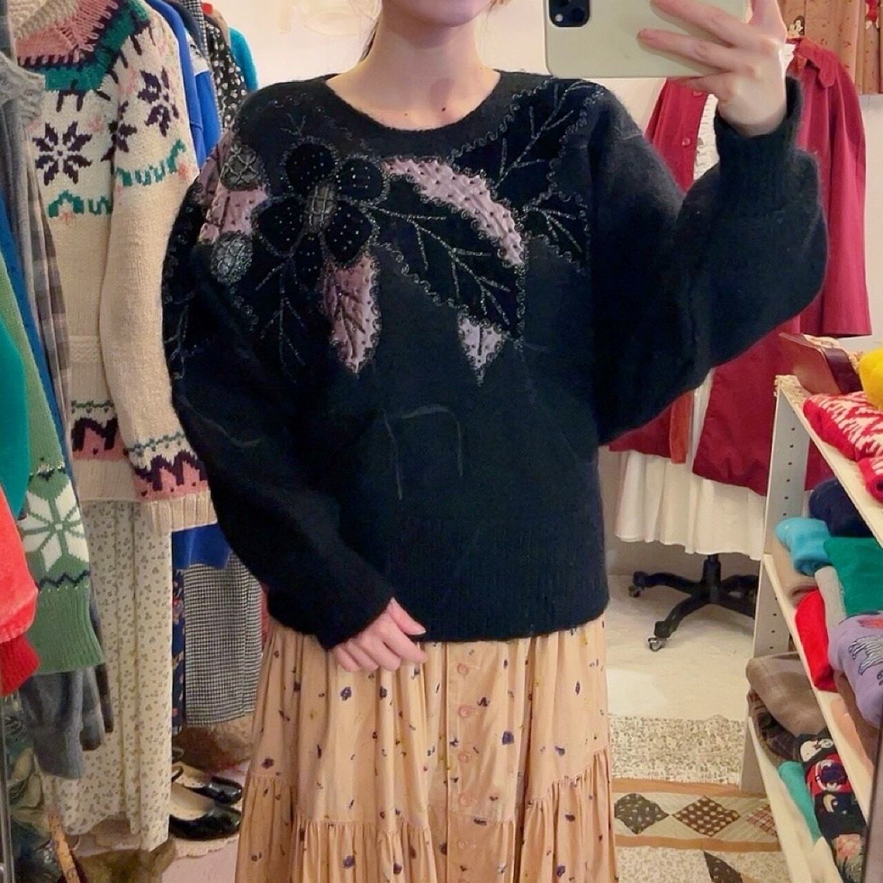 beads flower black dolman sweater