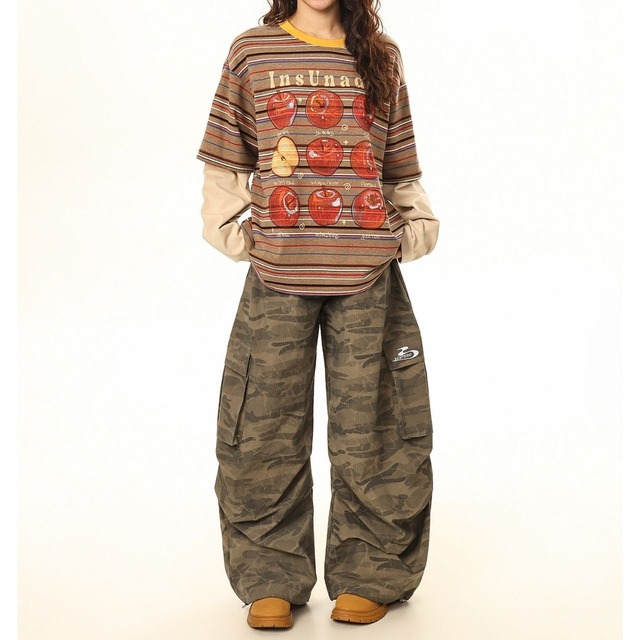 アップルグラフィックマルチボーダーレイヤードTシャツ 2col   R01765