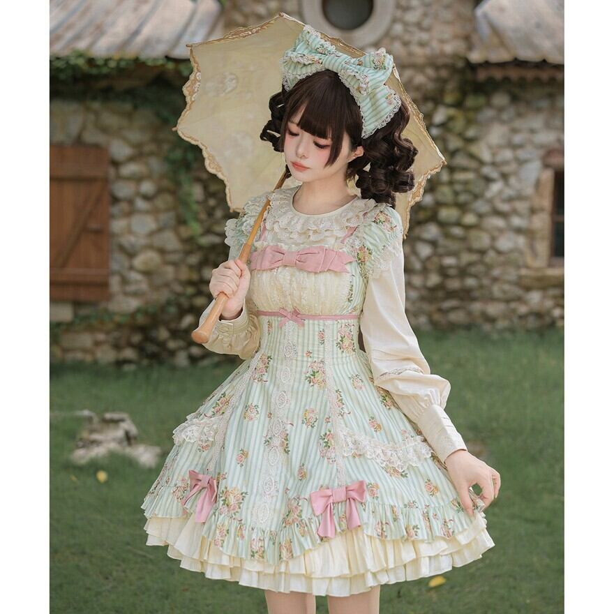 ロリータファッション 甘ロリ 生成りミント薔薇柄ミニワンピース3点