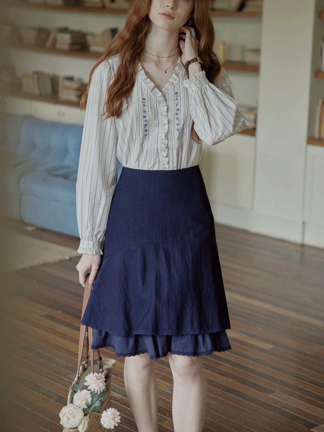 Poésie Bleue Embroidered Ruffle Blouse F0785