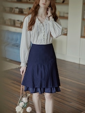 Poésie Bleue Embroidered Ruffle Blouse F0785