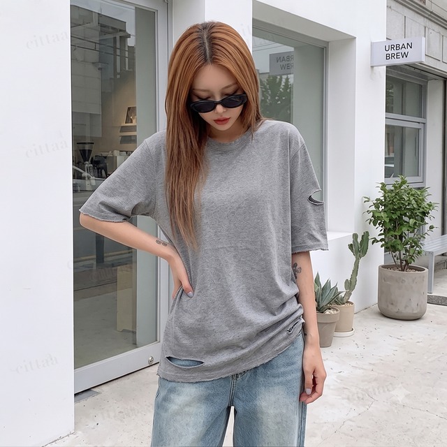【即納】Y-5015　2026秋新作♡YOUNGダメージデザインバックプリント半袖Tシャツ　グレー　0726