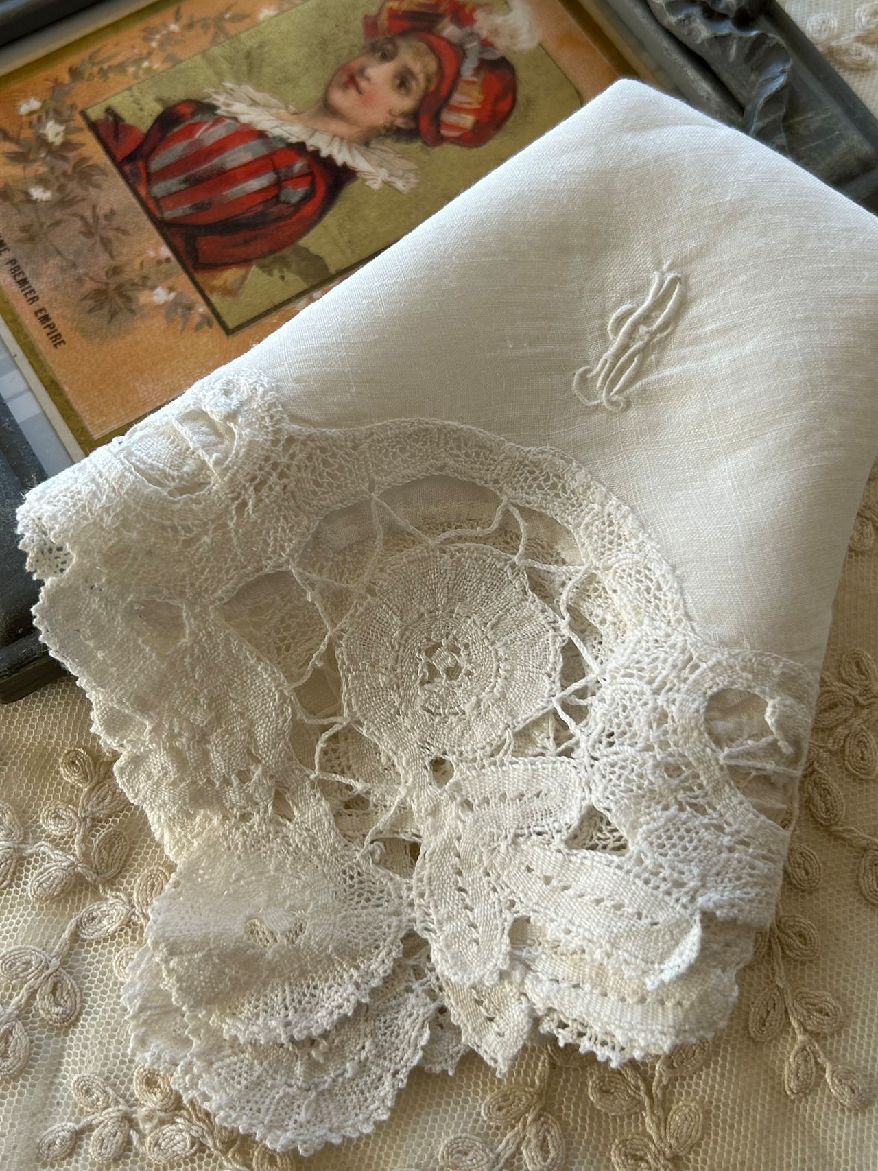 フランスアンティークハンカチーフ ボビンレース 手刺繍 モノグラム 白 