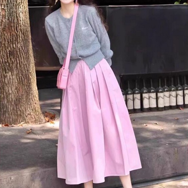 Pink tuck skirt & logo cardigan set