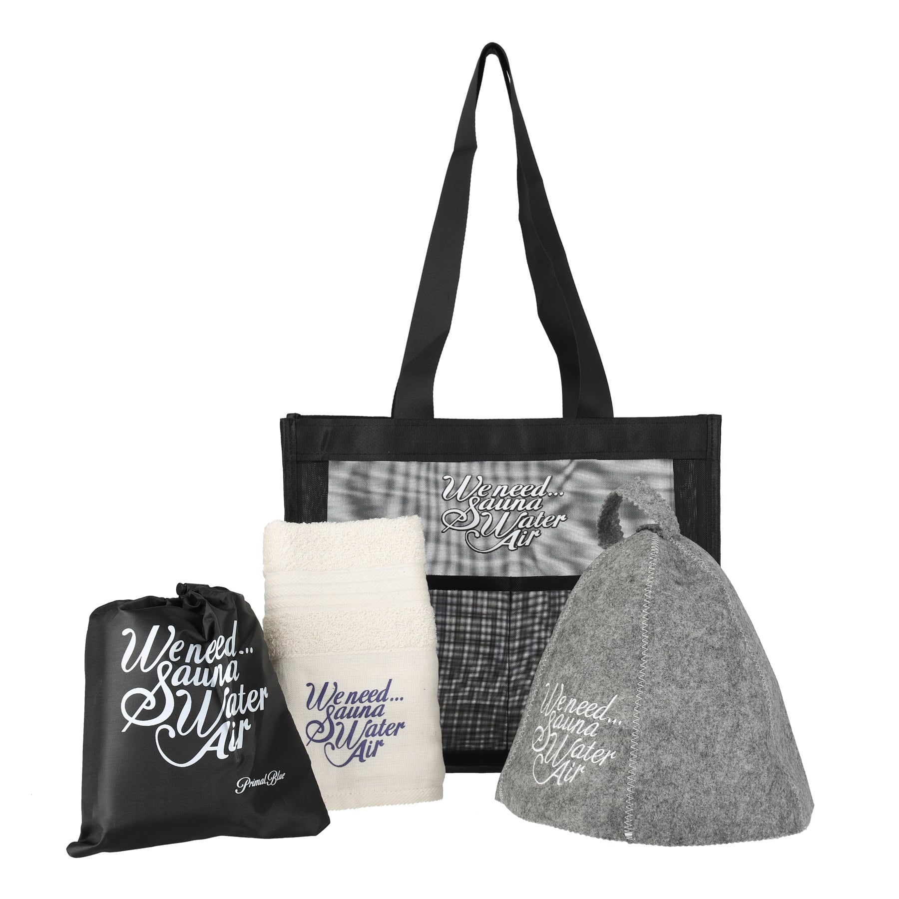 PrimalBlue サウナセット サウナハット サウナマット フェイスタオル メッシュトートバッグ sauna サウナー ジム 持ち運びに便利 入門セット キャンプ 初心者セット(ハット:フェルトグレー)