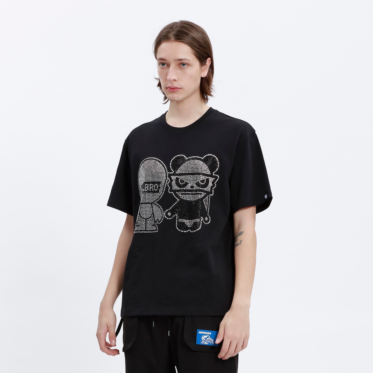 SALE 【HIPANDA ハイパンダ】メンズ BROプリント ラインストーン Tシャツ MEN'S RHINESTONE BRO PRINT SHORT SLEEVED T-SHIRT / BLACK