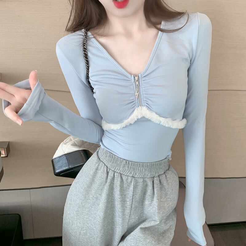 Vネックプリーツジッパーショートトップス レディースオータム薄手ロングTシャツ 長袖 秋物 ガールズファッション76521743385