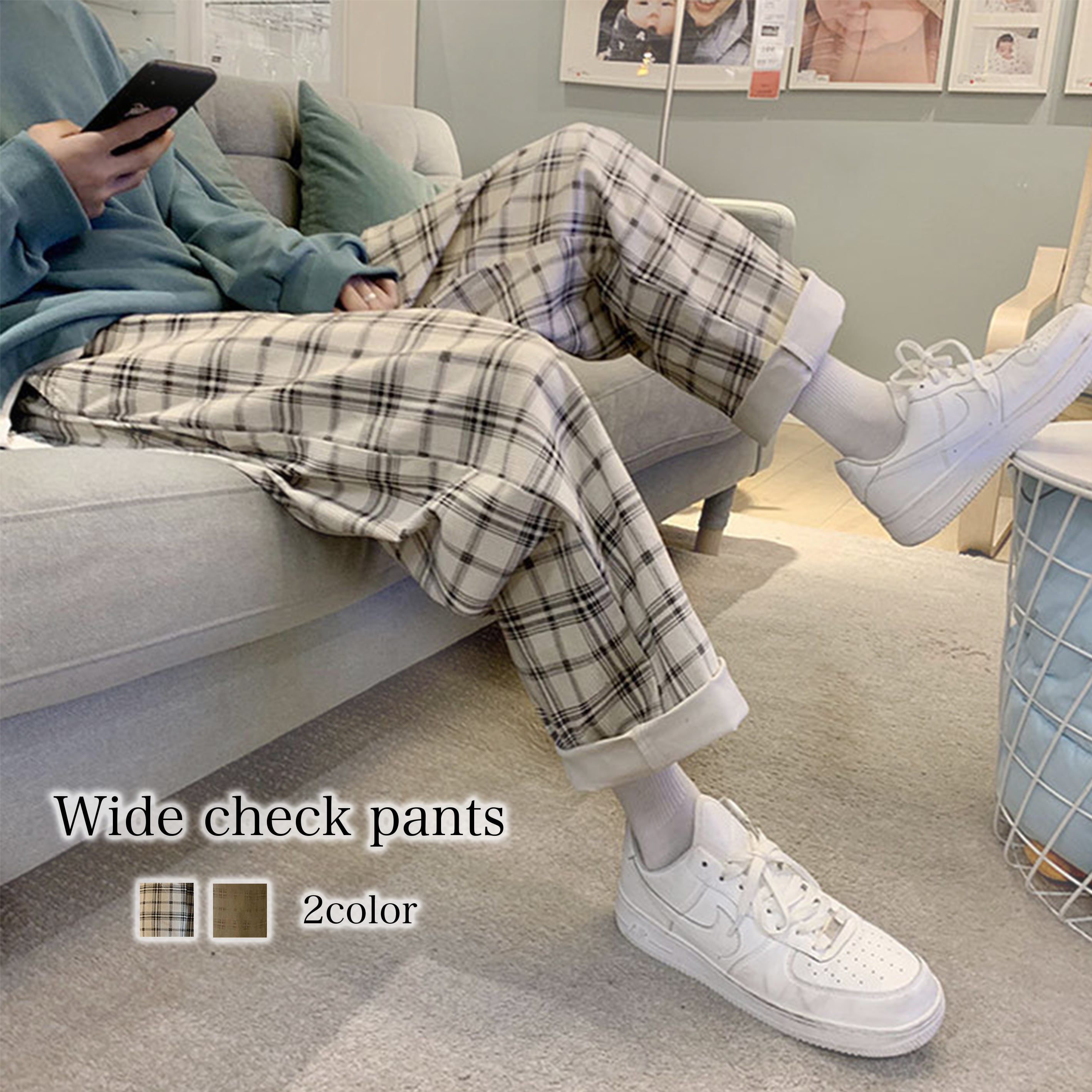 即納&送料無料】 ワイドチェックパンツ メンズ ロングパンツ lipm-74