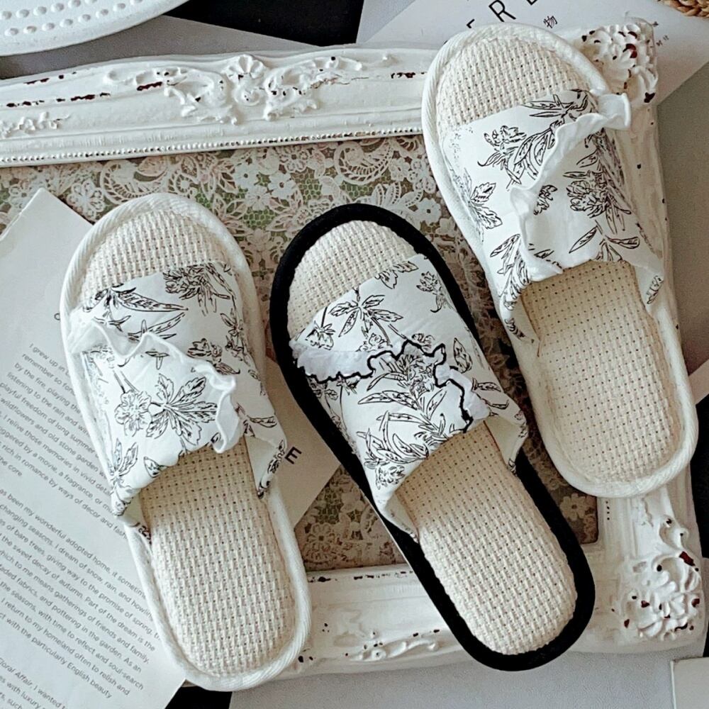 【23.0cm~25.5cm】monotone flower print lace room slippers p1716