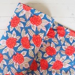 ブロックプリント生地【50cm単位】インド綿 花柄 青×オレンジ #14319-BL1