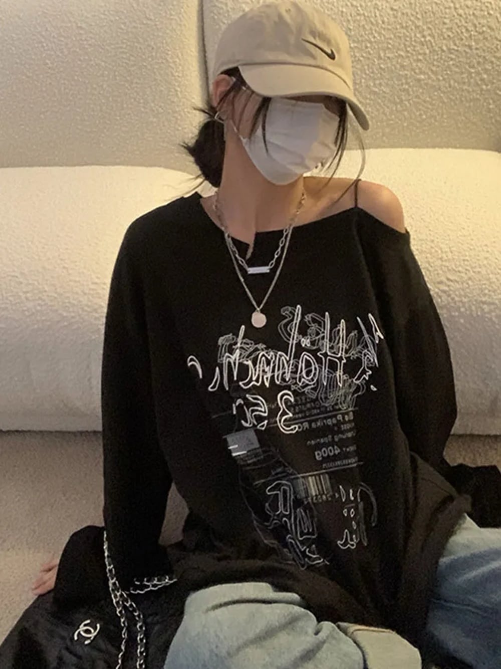 フェアリー・グランジプリントTシャツ,裸の肩,長袖,韓国原宿,ルーズフィット,黒,y2k,2024 T240926001207_01 | Pay ID フェアリー・グランジプリントTシャツ,裸の肩,長袖,韓国原宿,ルーズフィット,黒,y2k,2024 T240926001207_01 | Pay ID