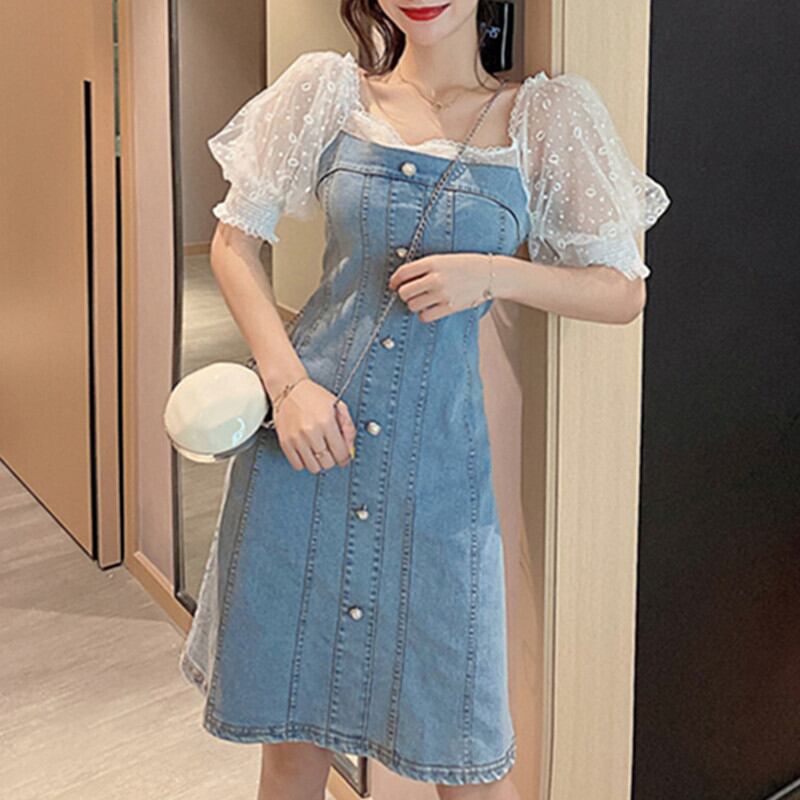 ワンピース カジュアル 半袖 ファッション デニム Aライン スクエアネック 重ね着風 配色 ブルー M L Dresszone