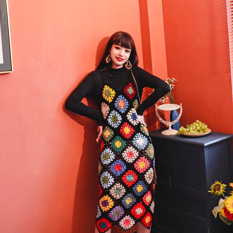エンメイジア秋の手作りかぎ針編みエスニックスタイルサスペンダースカートレトロカラースクエアニットセーターアウタードレス 延命家ファッション43817205556