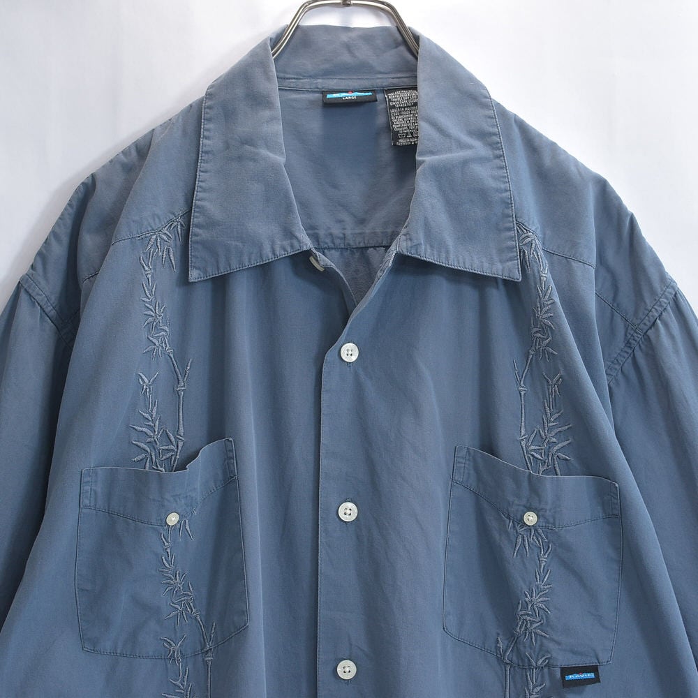 90s KAVU カブー バンブー柄 刺繍デザイン キューバシャツ グァジャベーラ ヴィンテージ アウトドア トロピカル グレー ビンテージ USA アメリカ古着 メンズXL相当