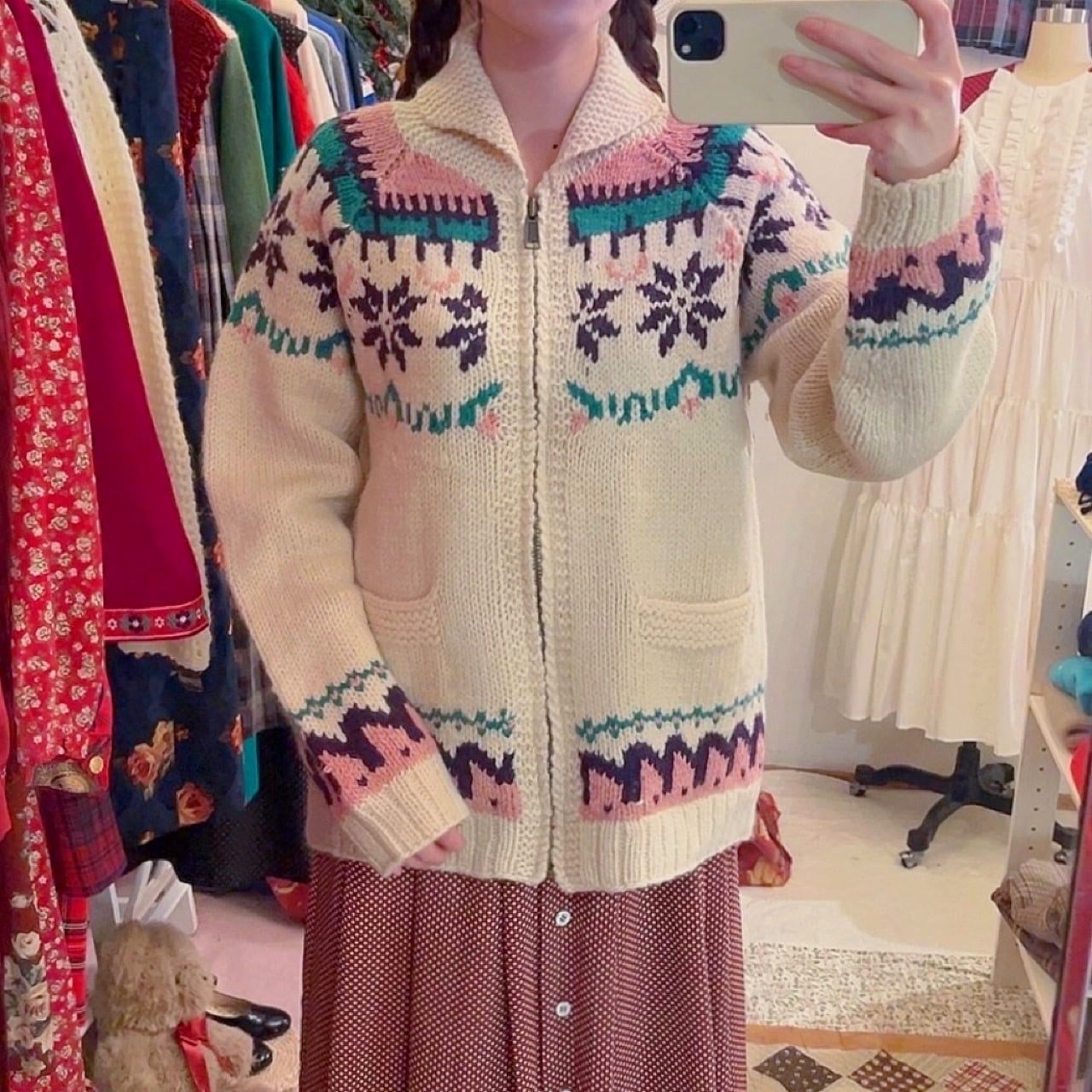 pink purple snowflake zip knit sweater