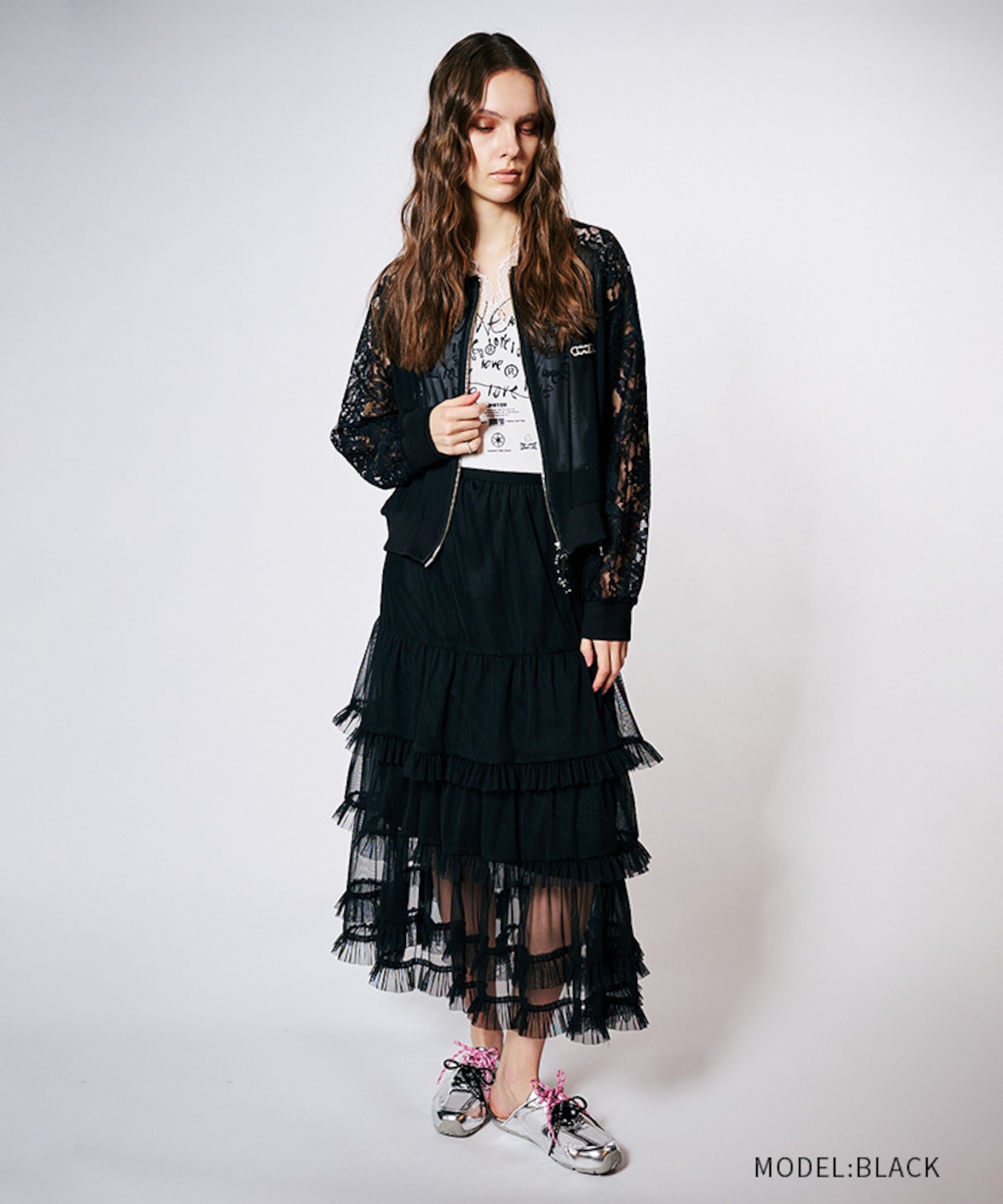 シフォンティアードフレアスカート (BLACK) CQ-48116