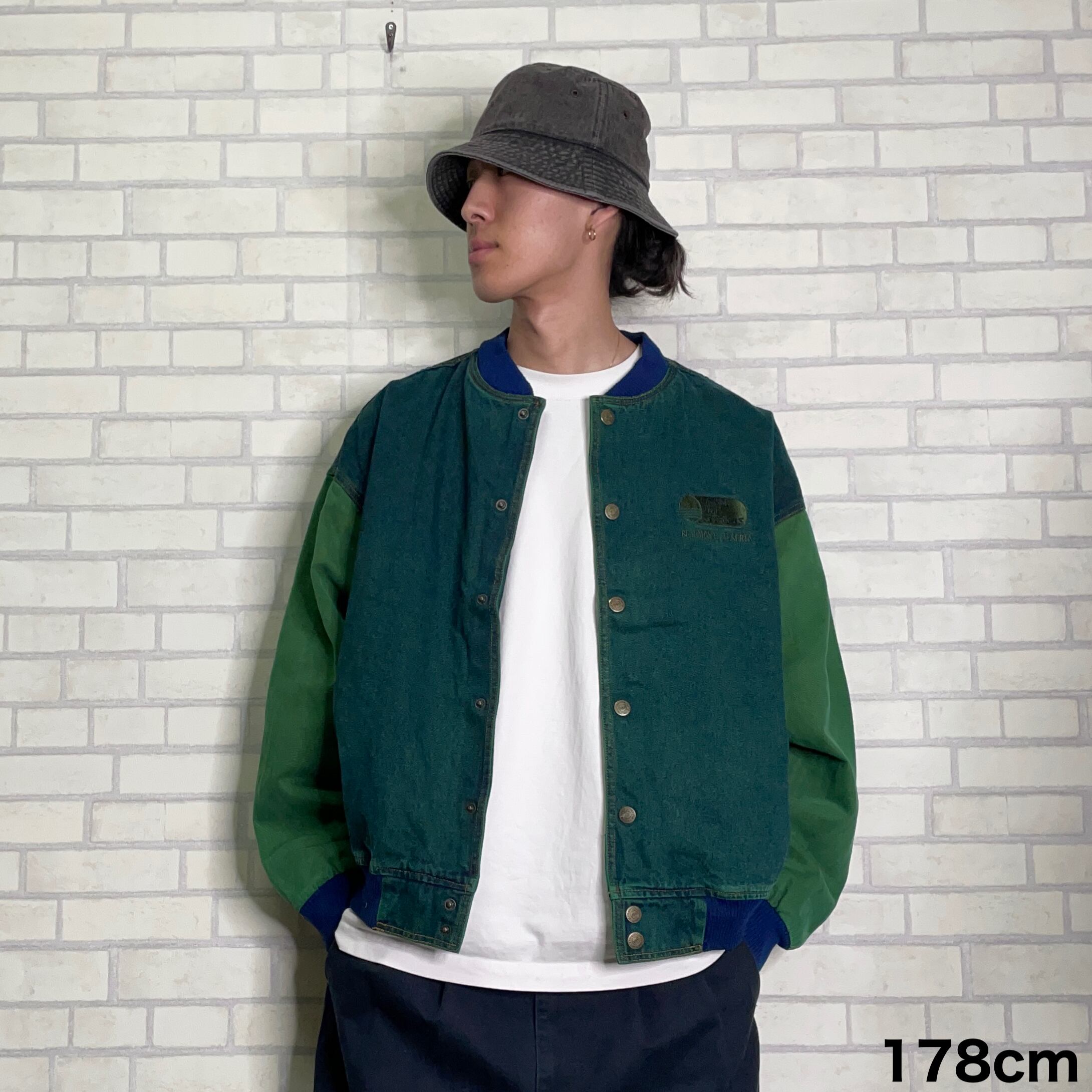 デニムスタジャン XL グリーン フロント刺繍 後染め | 古着屋OLDGREEN