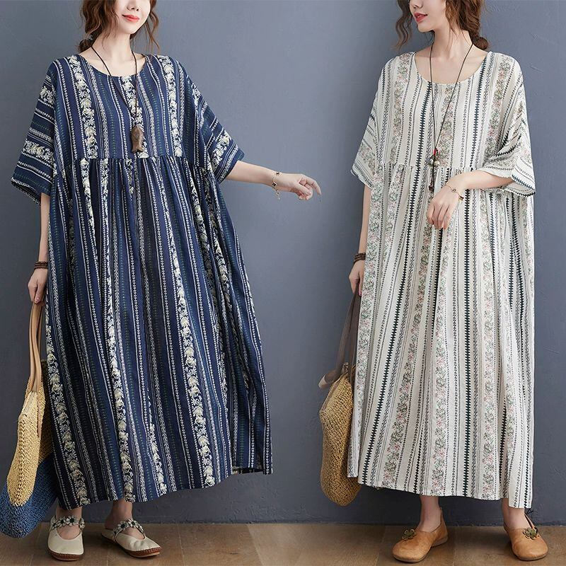 PRINT BOAT NECK 3/4 SLEEVES WIDE LONG PULLOVER DRESS 2colors M-13774