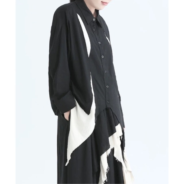 Asymmetric contrast fringe shirt C1301