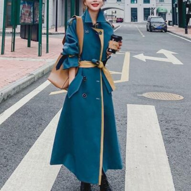 トレンチコート アウター レディース ジャケット ロングコート きれいめ カジュアル 長袖 羽織 おしゃれ 可愛い かっこいい 配色 ウエストベルト バイカラー クラシカル 大きいサイズ ブルー 青 春 秋 冬 代 30代 40代 50代 Like Fashion