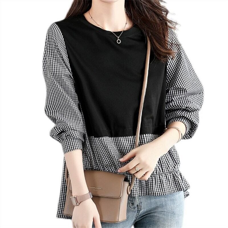トップス シャツ ブラウス 袖あり 長袖 ラウンドネック レギュラー コットン かわいい 大人可愛い きれいめ シンプル カジュアル 大人 上品 おしゃれ お洒落 かっこいい 大人女子 こなれ感 スポーティー ラブリー キュート ガーリー ルーズ クール セクシー 主役級 存在感 甘い チェック柄 春 秋 参観日 発表会 10代 20代 30代 レディース 女性用 通学 デート お出かけ 女子会 休日 イベント リゾート ホテル ショッピング 着回し 普段使い お揃い 双子 韓国 韓国系 オルチャン