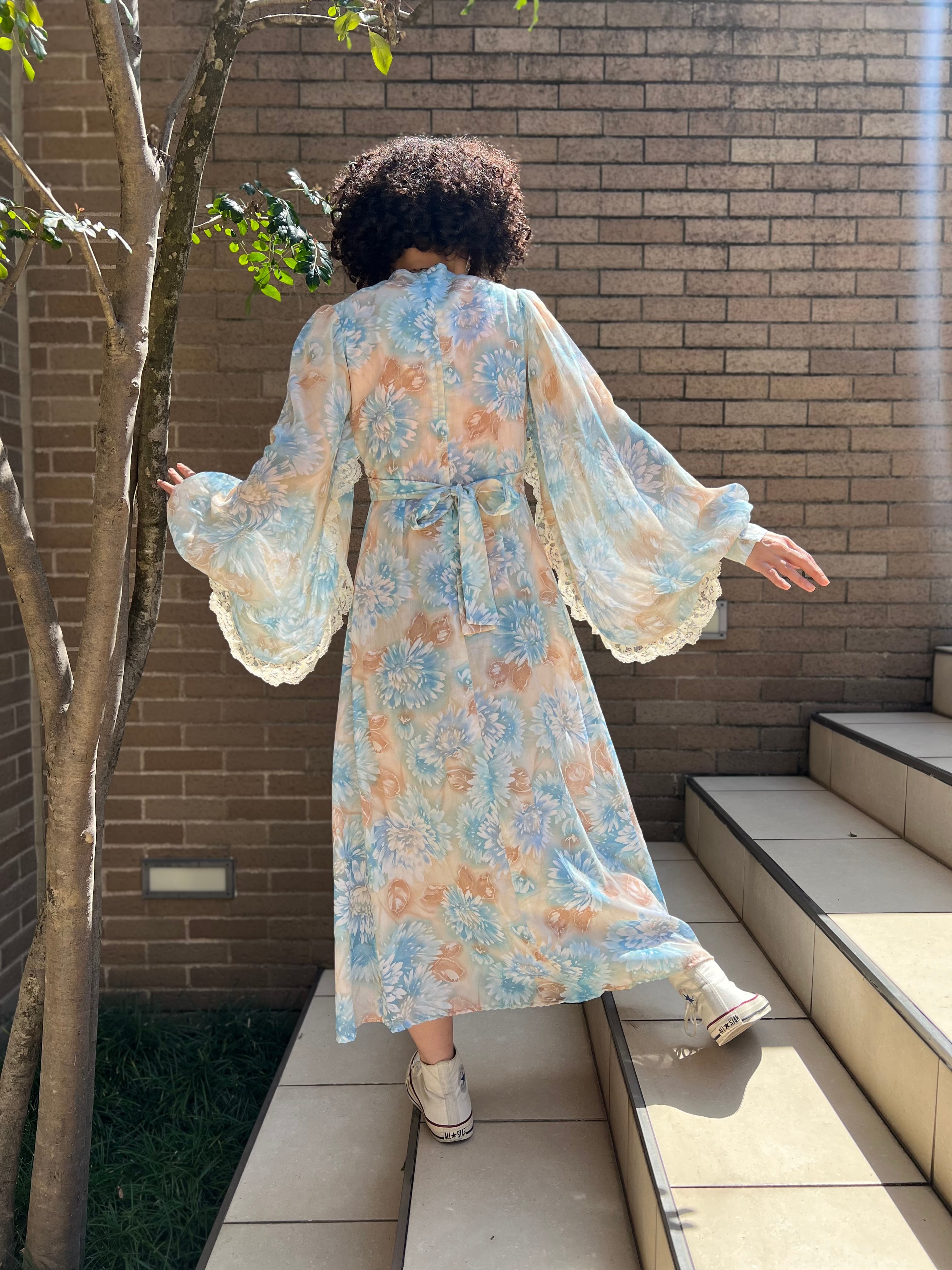 70s floral × lace dress ( ヴィンテージ 花柄 × レース ワンピース