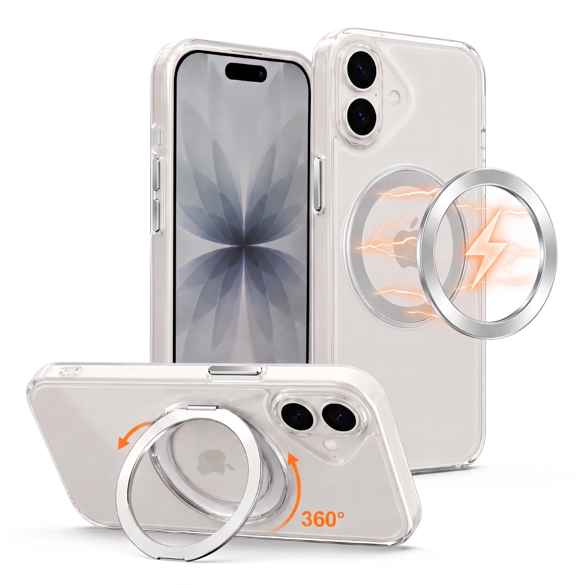iPhone17 用 ケース Magsafe対応 360°回転スタンド 縦横両対応 IIHOGO スマホケース 米軍規格 耐衝撃 透明 マグセーフ 黄ばみ防止 リング 冷蔵庫にピタッと貼れ マグネット搭載 カバー アイフォン17 用 6.3インチ対応「クリア」