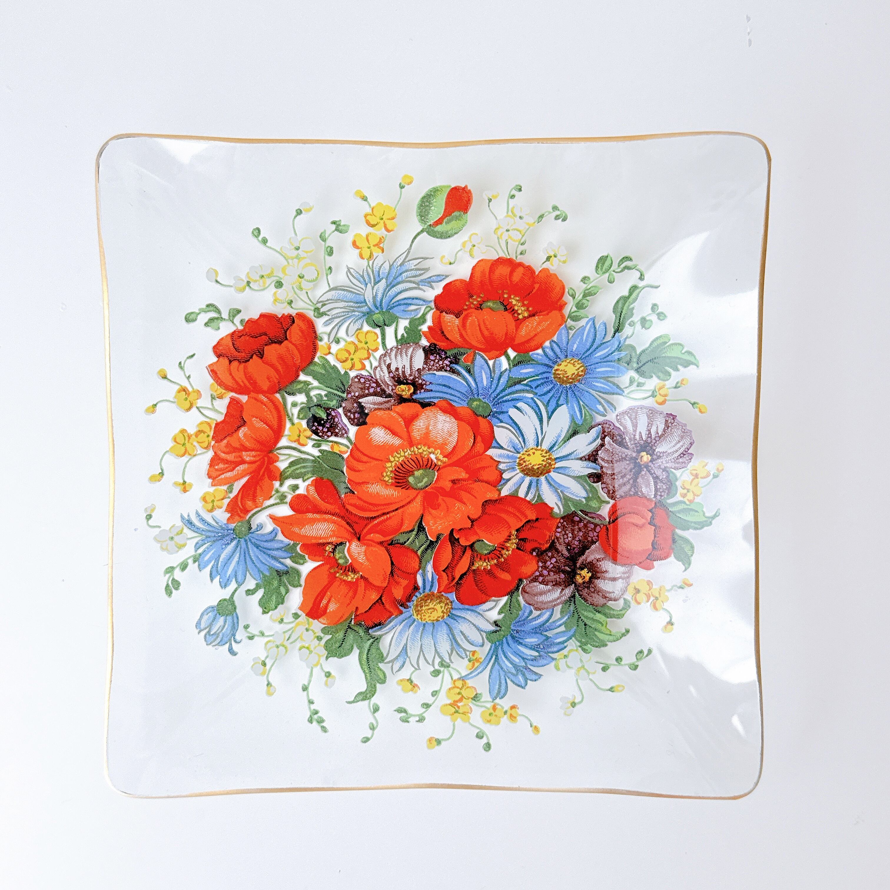 vintage】ポピーの花束のビンテージガラスプレート | piéce antique