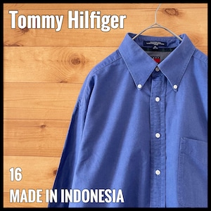 【Tommy Hilfiger】90s 長袖シャツ フラッグタグ 刺繍ロゴ ボタンダウン 無地 コットン トミーヒルフィガー L ビッグサイズ US古着