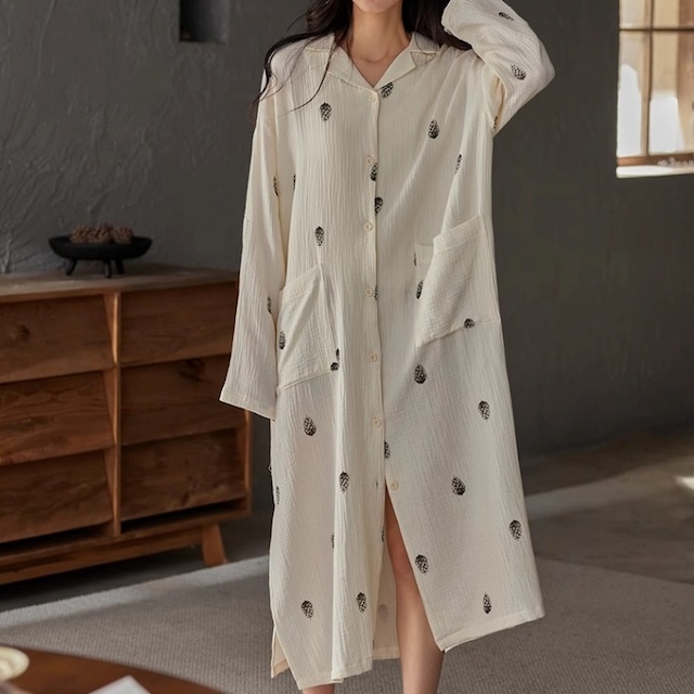 【M-XL】cotton100 simple long sleeve one-piece style room wear p1130