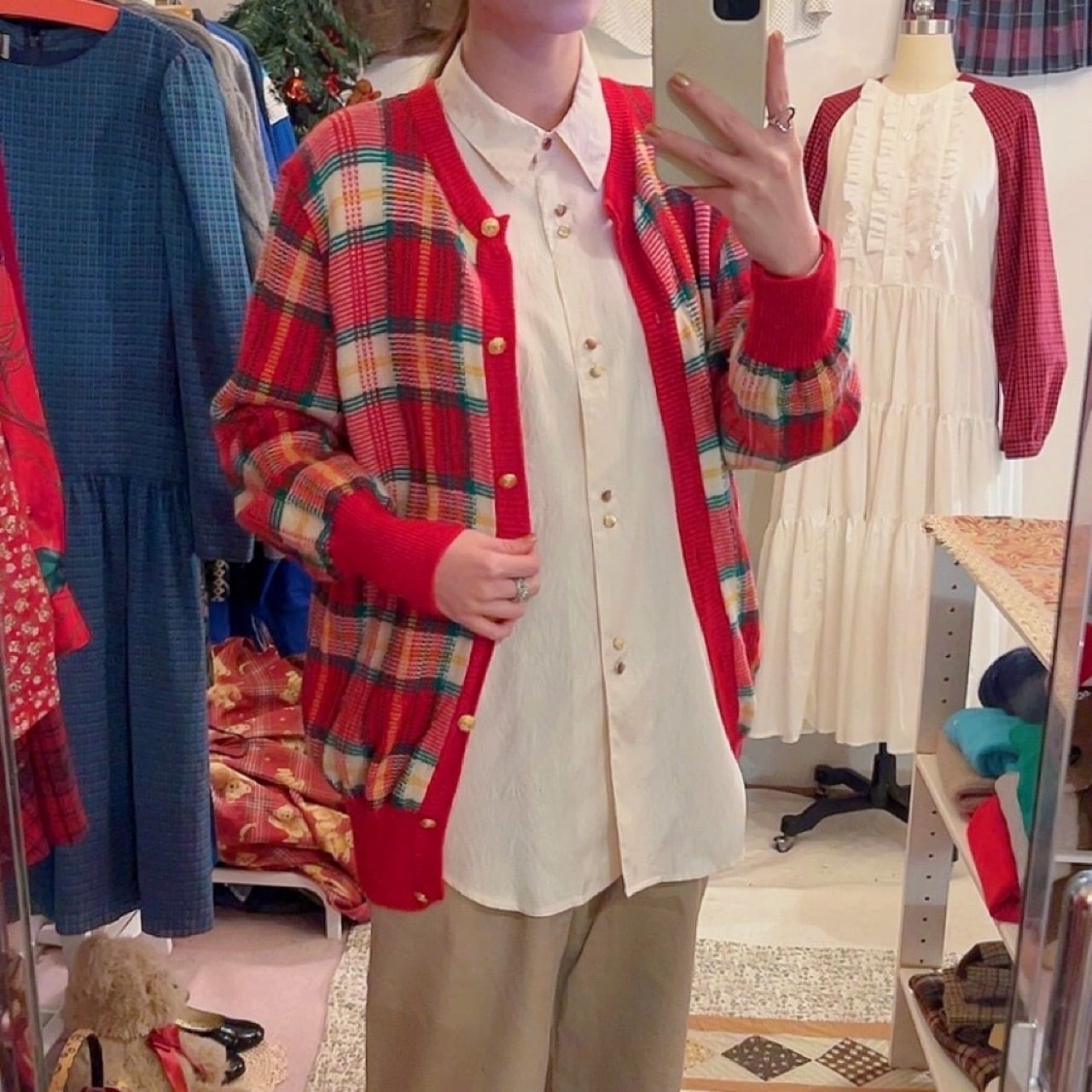 red green check knit cardigan