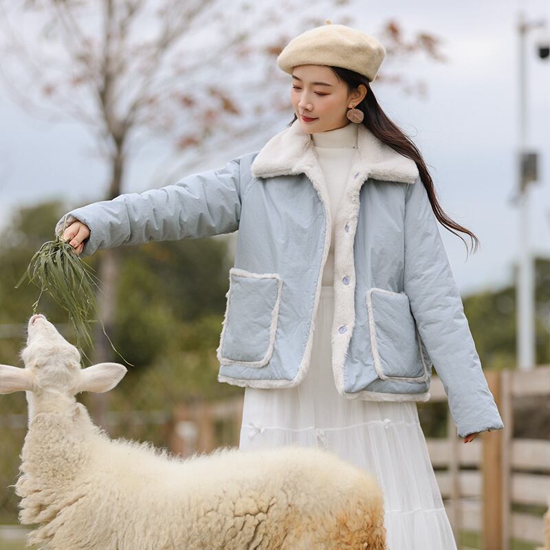 ベルベットウールジャケット レディースウィンターショートブルー コットン 冬物 萌量不足80122997788