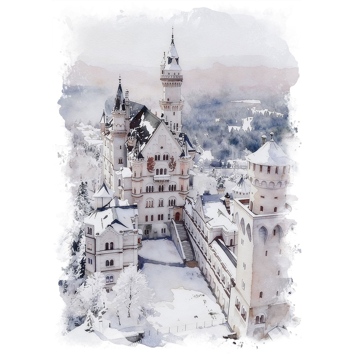 絵画 風景画(街並み) 冬 雪のドイツ ノイシュバンシュタイン城