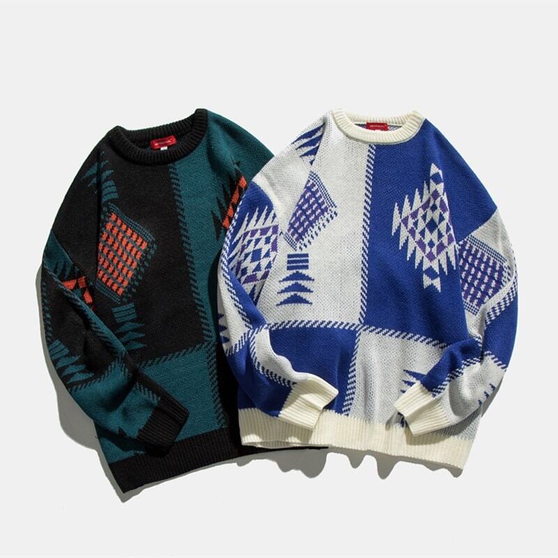 【新作】【送料無料】 Road、Vintage、Winter、Ethnic Style、Color Blocking、Round Neck、Wild Knit、National Trend、Oversize、Top-Alibaba ウィンター 冬物 Oネック ビンテージ hip6-161154193868482