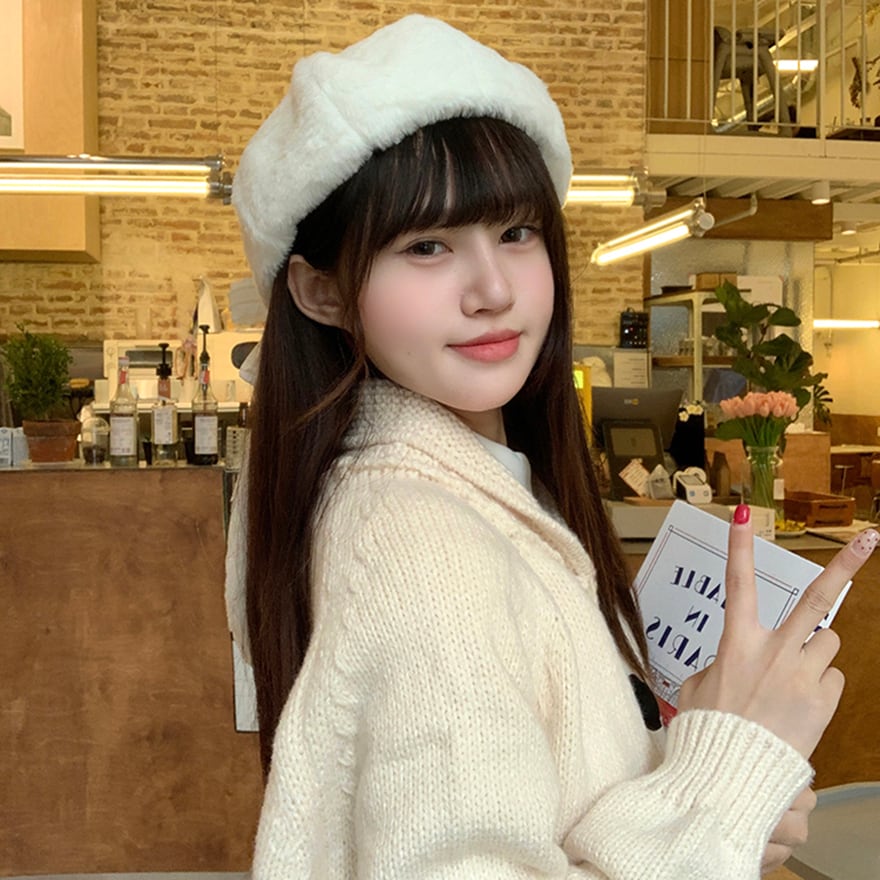 うさ耳付き もこもこ ファー ベレー帽 リボン ポンポン ロリィタ 甘