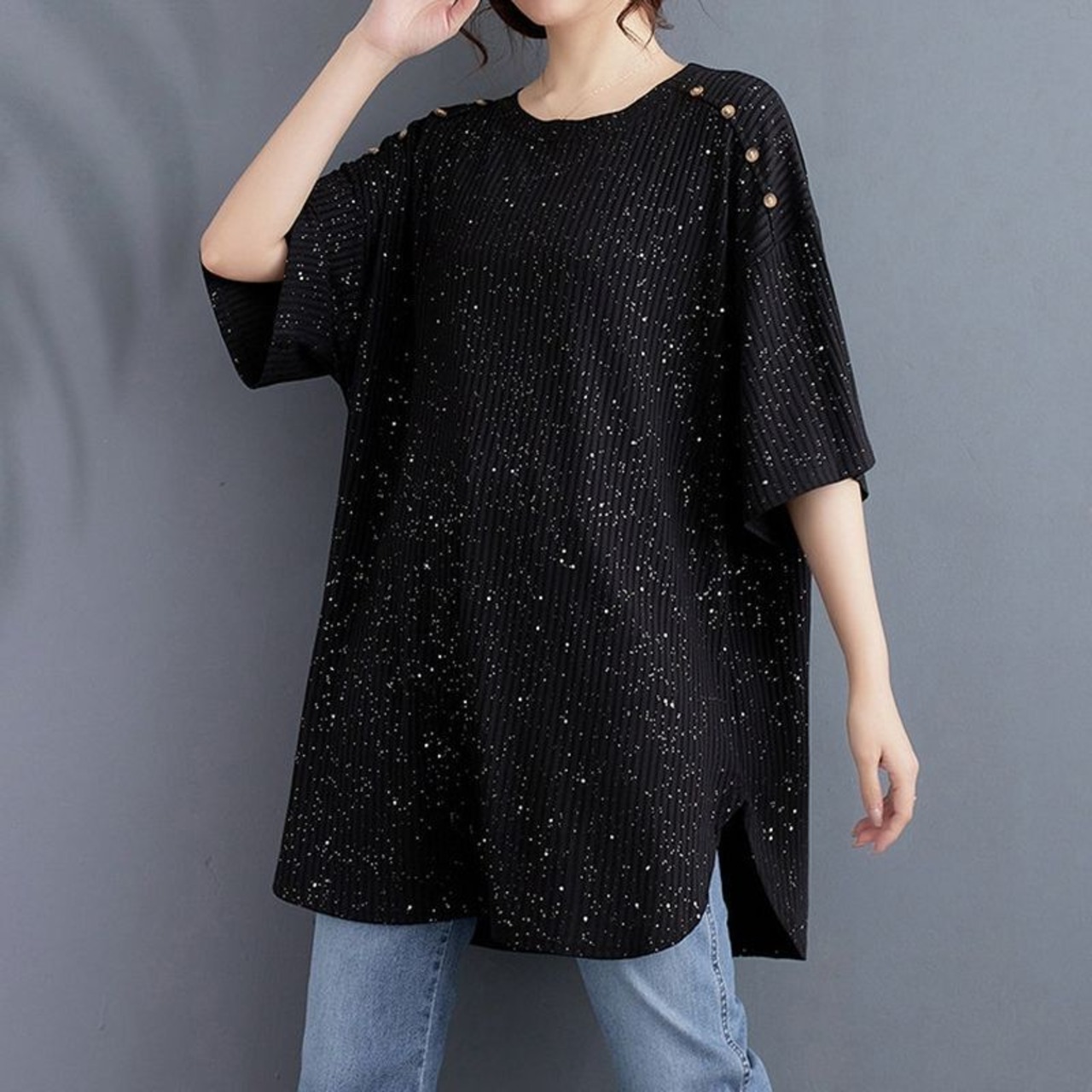 型ボタンラメ デザインTシャツ  30240