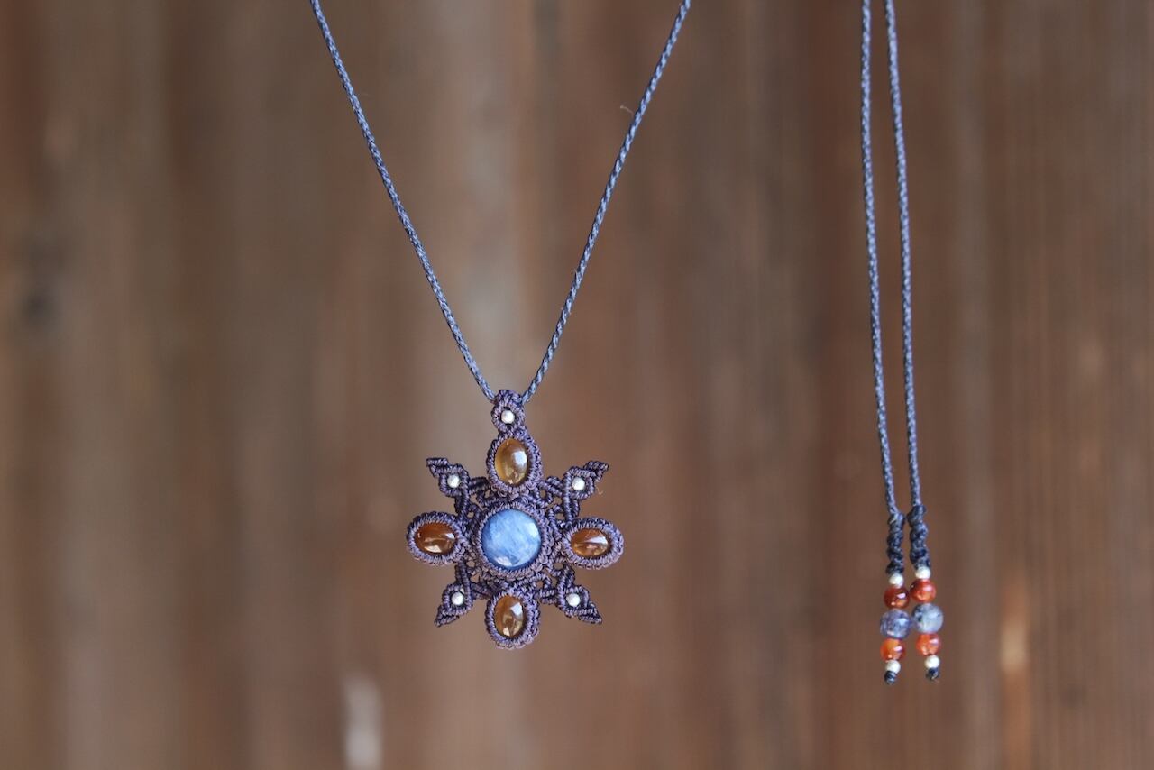 Kyanite & Hessonite Garnet micro macrame mandala pendant