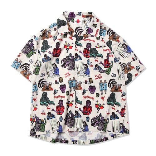 【PUNK DRUNKERS】パンクドランカーズ　ホラーアロハシャツ (WHITE) オープンカラー総柄シャツ