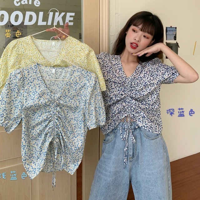 サマースタイルスタンダードVネックフローラルシャツ トップス レディース レトロ 夏物 花柄 ハンチェンe70585370670