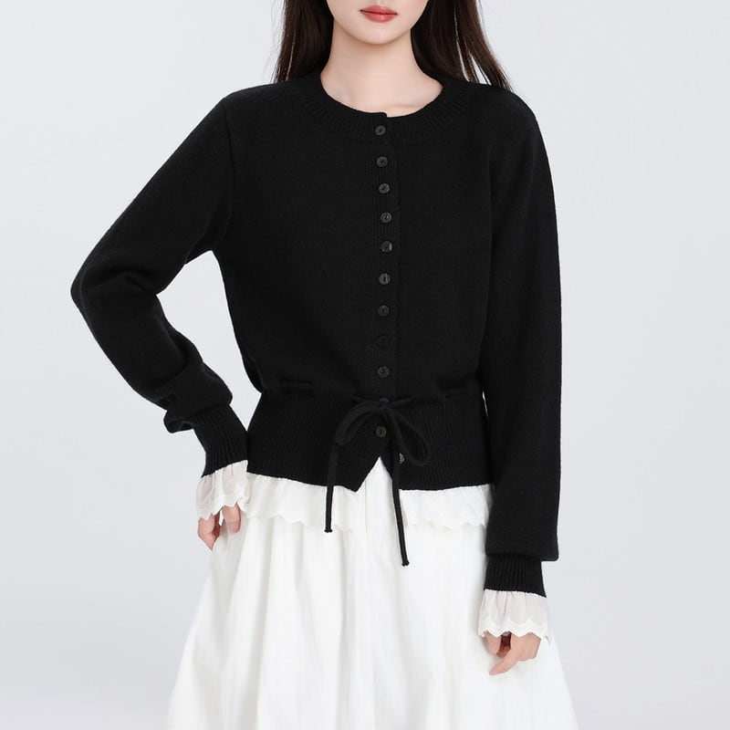 ribbon lace-cuff trim knit cardigan m1345