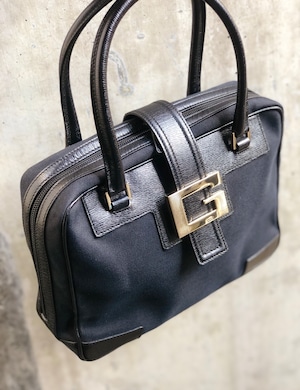 GUCCI　グッチ　G金具　ジャガード×レザー　ミニボストン　ハンドバッグ　ブラック　v46vfa