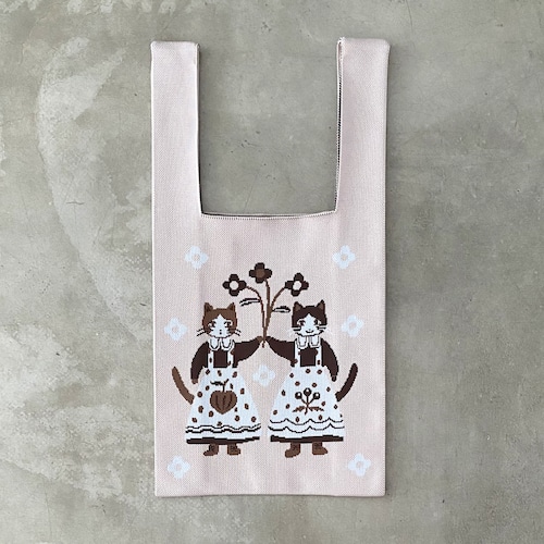 【Aiko Fukawa】布川愛子 KNIT MARCHE BAG  お花を掲げる猫たち ニットマルシェバッグ