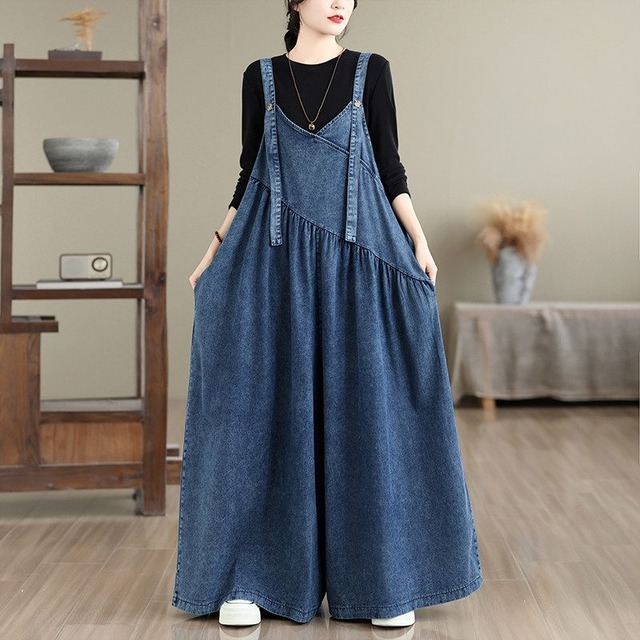 LONG LOOSE DENIM STRAP WIDE LEG JUMPSUIT M-18001