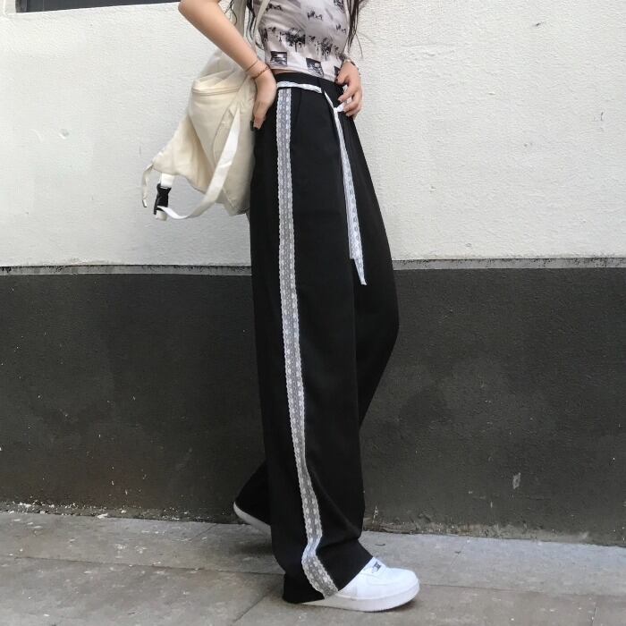 サマーカジュアルパンツ ハイウェストギャザーレース 夏物 ステッチ ケッペル60155294232