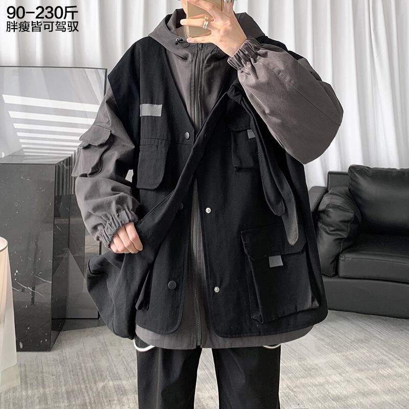 ジャケット ルーズフードスプリングオータムトップス 大きめサイズ 春物 秋物 ポケット多め マルチポケット ヒップホッププラスサイズ85771392961