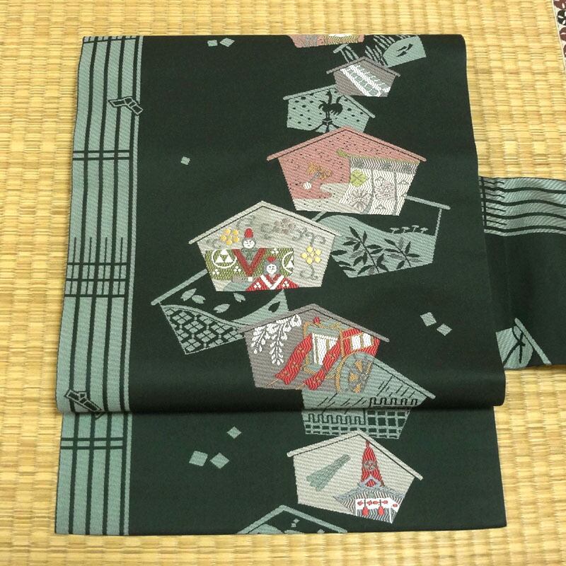 濃い錆鉄御納戸色に絵馬柄 名古屋帯 | アンティーク・リサイクルきもの