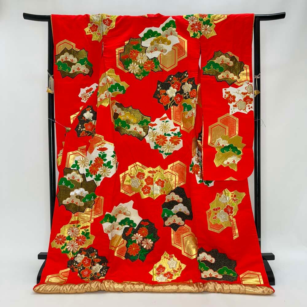 色打掛 正絹 鶴 刺繍 赤 緑 打掛 花嫁衣裳 婚礼 リサイクル 中古 ブライダル ウエディング 着物 4919