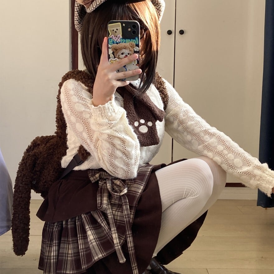 森ガール風 セットアップ ニット チェック柄 ミニスカート