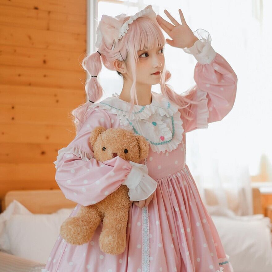 地雷系甘ロリ ワンピース ドット柄フリルゆめかわいい猫耳風コーデ