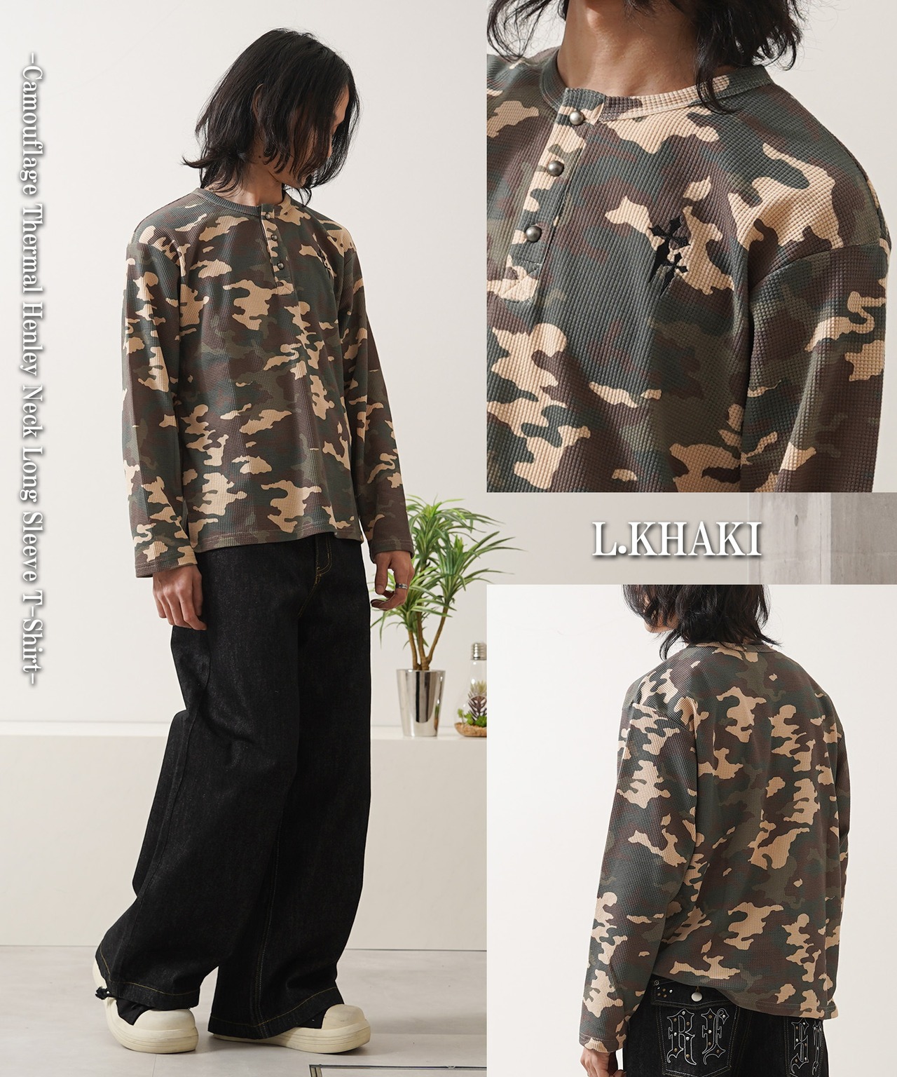 ◆クロス刺繍 サーマル ヘンリーネックロンT◆wi-603032